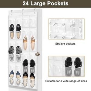 NEW WHITE OVER-THE-DOOR SHOE ORGANIZER 24 CLEAR POCKETS 64" x 18" SPACE SAVER